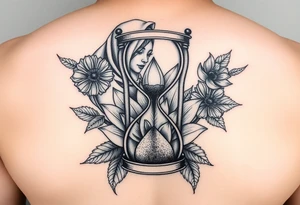 Broken hour glass with a lotus flower and woman with hijab in background tattoo idea