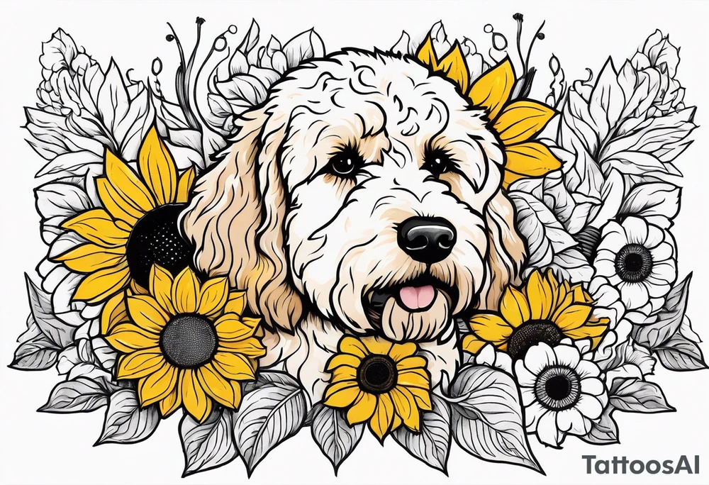 goldendoodle with sunflowers around the dog in color tattoo idea