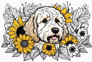goldendoodle with sunflowers around the dog in color tattoo idea