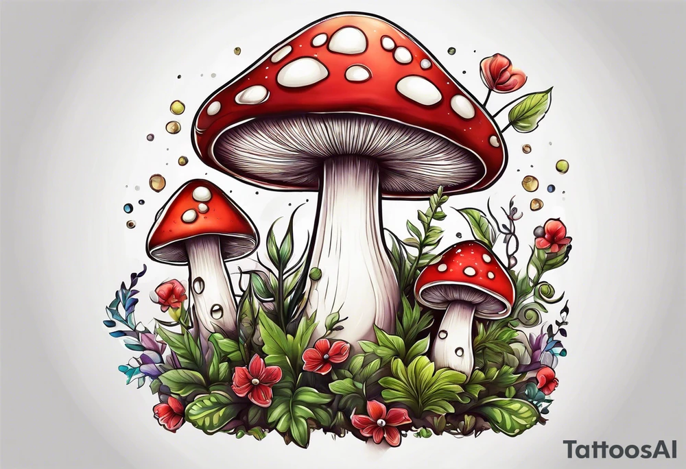 Happy anthropomorphic mushroom surrounded by smaller plants tattoo idea