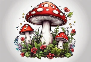 Happy anthropomorphic mushroom surrounded by smaller plants tattoo idea