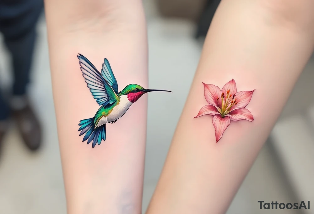 One partner has a hummingbird in flight with green and blue feathers, the other a lily in soft pink tones it’s flying toward. tattoo idea