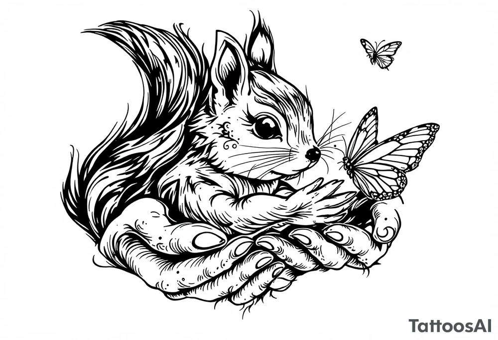 A Squirrel with a butterfly in hands tattoo idea