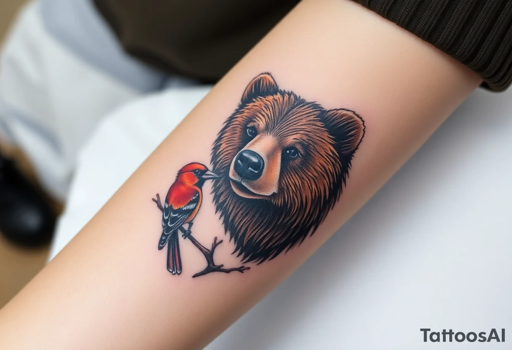 A bear, woodpecker and cardinal tattoo idea