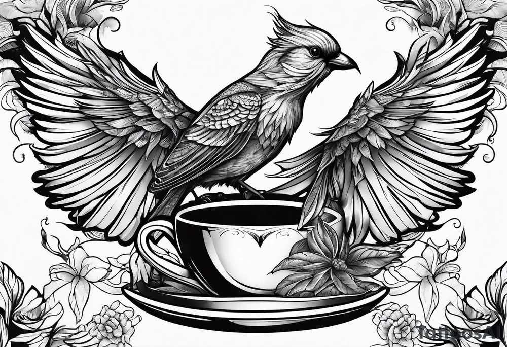 Bird drinking coffee reading books tattoo idea Bird drinking coffee reading books tattoo idea