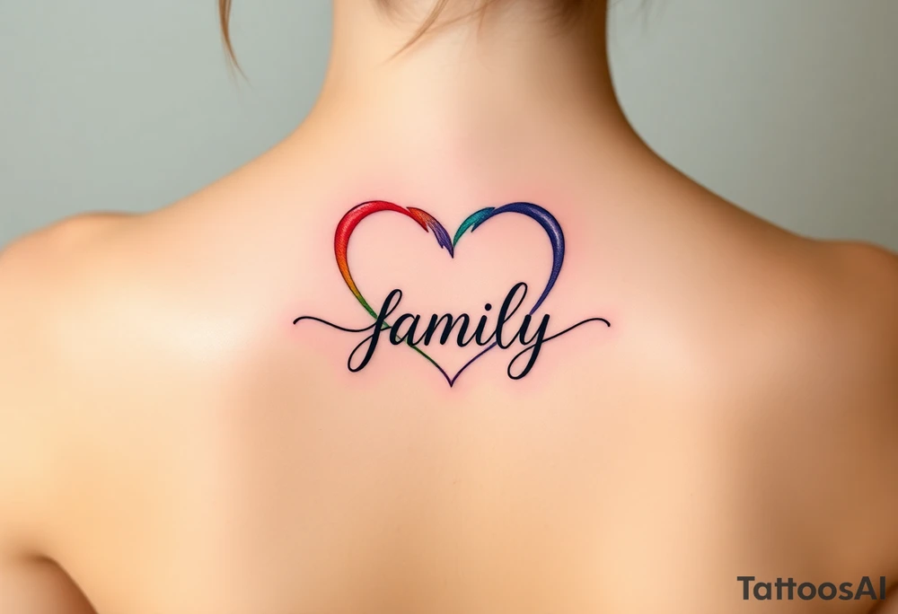 Colorful heart-shaped infinity symbol loop endings, and the word "family" elegantly placed at the center in a soft script tattoo idea