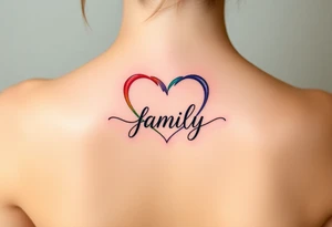 Colorful heart-shaped infinity symbol loop endings, and the word "family" elegantly placed at the center in a soft script tattoo idea