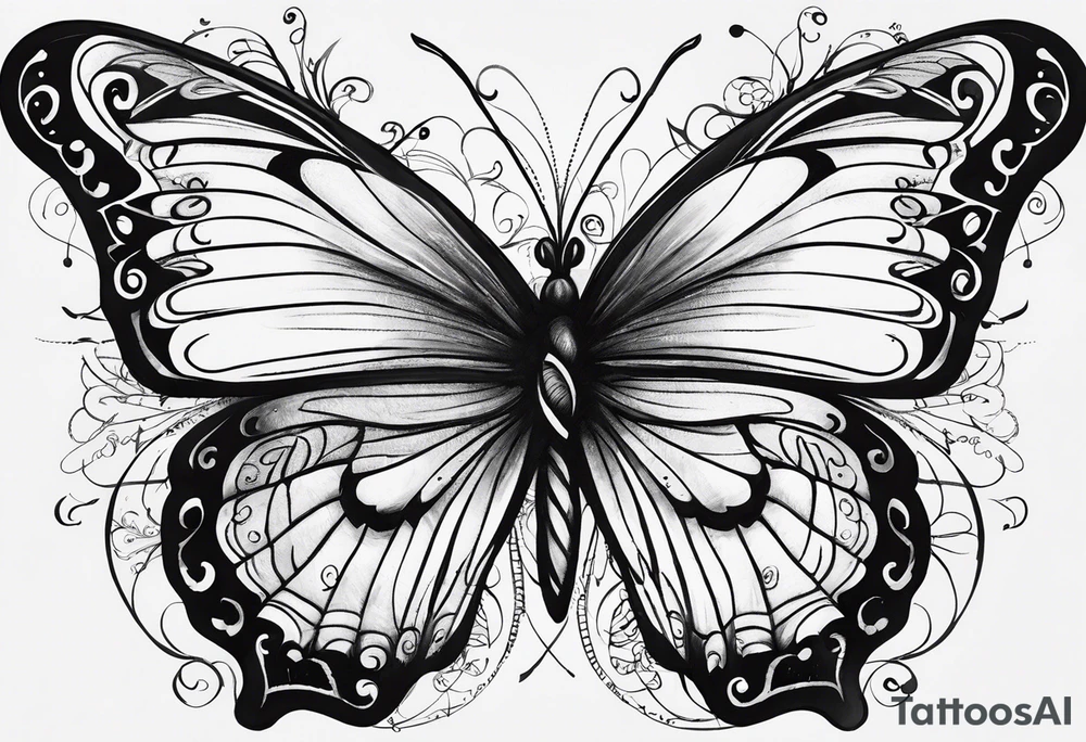 butterfly with one wing black scribbles, the other wing beautiful and colorful, the body has the date 1.9.2023 and the words written "I chose to live." tattoo idea