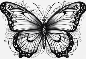 butterfly with one wing black scribbles, the other wing beautiful and colorful, the body has the date 1.9.2023 and the words written "I chose to live." tattoo idea