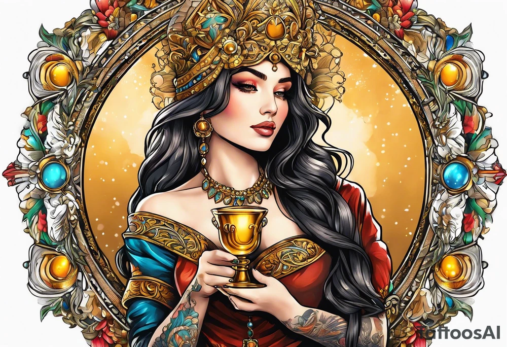 woman holding chalice surrounded by golden halo tattoo idea