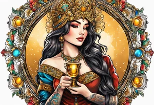 woman holding chalice surrounded by golden halo tattoo idea