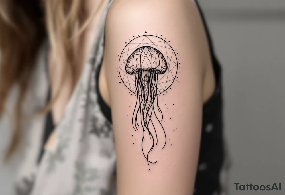 fine-line tattoo, single jellyfish, sacred geometry surround, dotwork patterns, jellyfish bell dome, flowing tentacles, trailing streamers, geometric mandala, radiating dotwork, minimalist design, black grey lines, soft shading, no outlines, geometric frame, organic jellyfish form, upper arm shoulder placement, light airy feel, delicate linework, geometric backdrop, refined elements, clean lines, radiating patterns, jellyfish centerpiece tattoo idea
