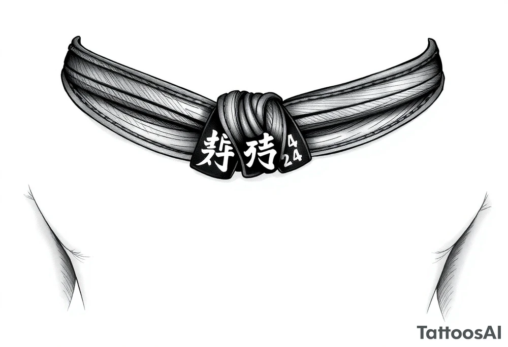 A realistic black and gray tattoo of a Brazilian Jiu-Jitsu black belt wrapping around the wrist like a bracelet. The belt is tied in a knot with one end showing the number 30 and the other showing 24. On the flat end of the belt, two Japanese kanji characters are inked in white: 成長 (growth) and 忍耐 (perseverance). The belt has subtle stitch marks and worn, textured shading for a slightly distressed, authentic look. The style is clean, symbolic, and bold, designed to wrap naturally around the wrist like a wristband.” tattoo idea