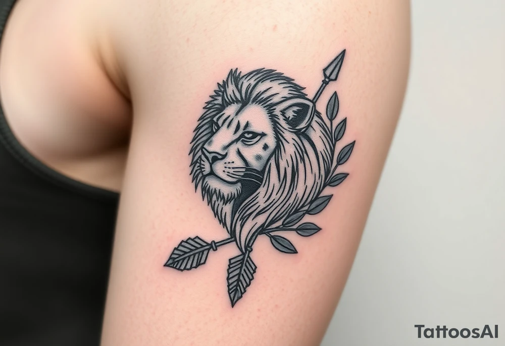 make me a realistic spiritual lion which has come down an arrow and surrounded by a olive tree leaf tattoo idea