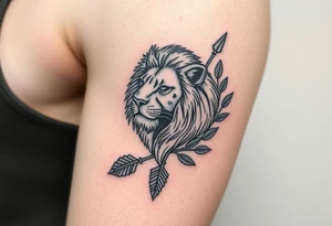 make me a realistic spiritual lion which has come down an arrow and surrounded by a olive tree leaf tattoo idea