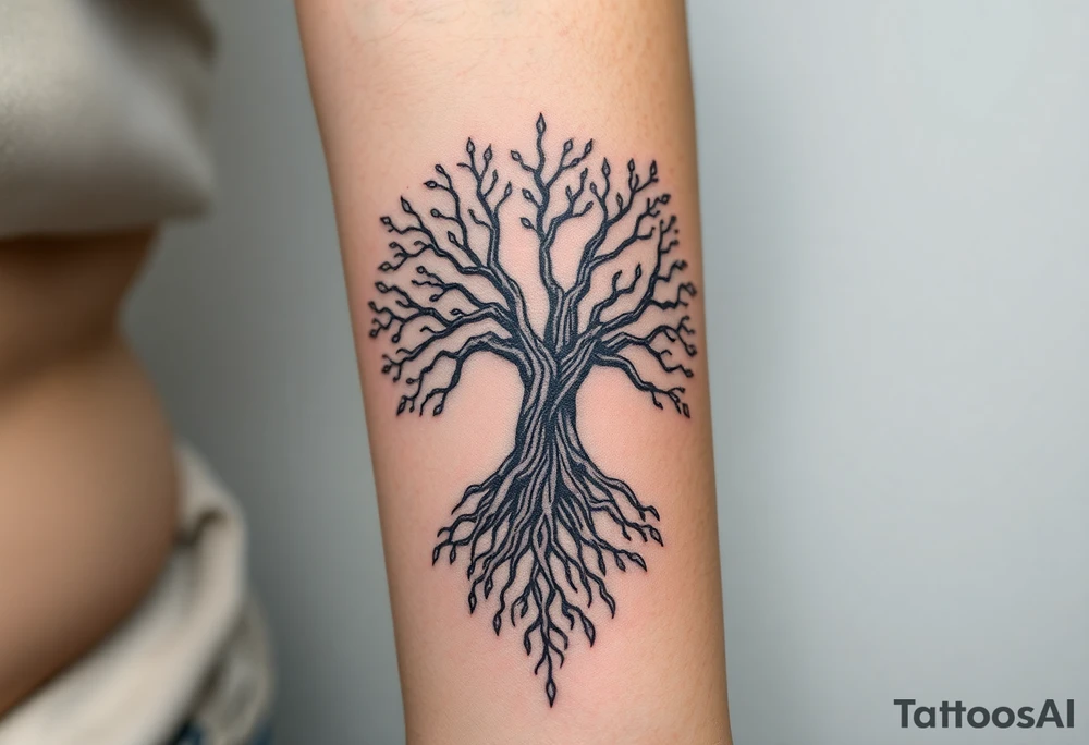 mystical tree of life with cosmic roots and celestial branches tattoo idea