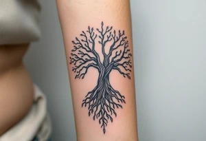 mystical tree of life with cosmic roots and celestial branches tattoo idea