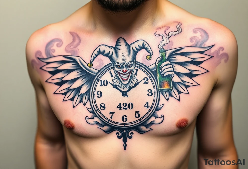 a evil jester clown floating in smoke with a  clock, the time says 420,  with two open wings besides the clock, smoke as the spring rising from the clock, a jester clown coming out the smoke, smoking in one hand with a liquor bottle on the other hand tattoo idea