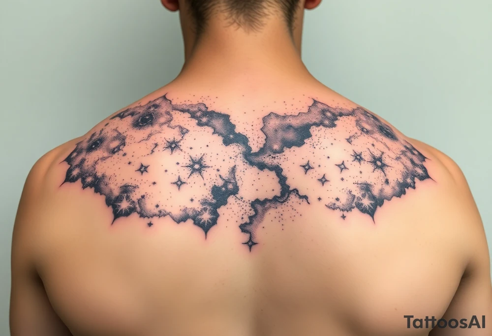 full milky way that covers the upper middle back. Has hues of color tattoo idea