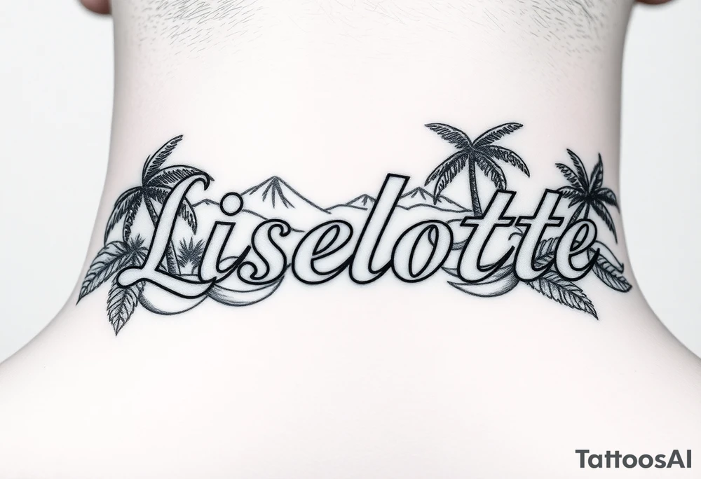 The name Liselotte surrounded by tropical scenery tattoo idea