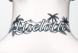 The name Liselotte surrounded by tropical scenery tattoo idea