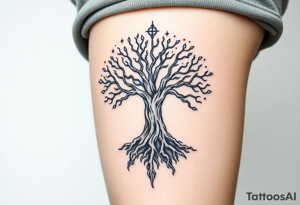 mystical tree of life with cosmic roots and celestial branches tattoo idea