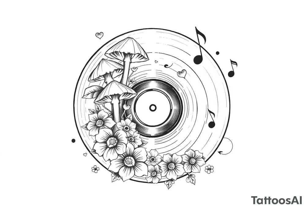vinyl record with mushrooms, flowers, hearts, and music notes tattoo idea