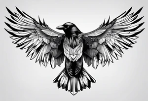 crow with open wings, only line drawing, geometric, symmetrical, without background, tattoo idea