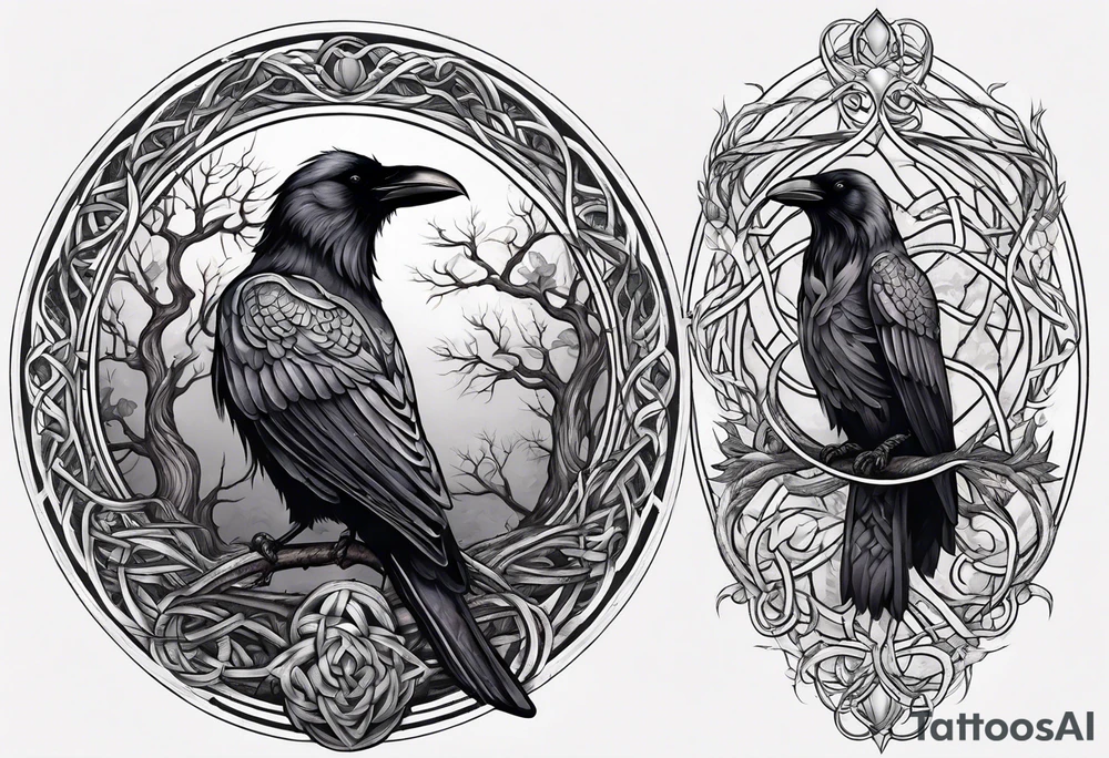 world tree with a raven and urnes style knotwork sleeve tattoo tattoo idea