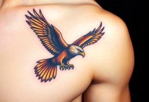 A soaring eagle with fully extended wings, painted in shades of deep brown and gold, its talons reaching forward in mid-flight. tattoo idea