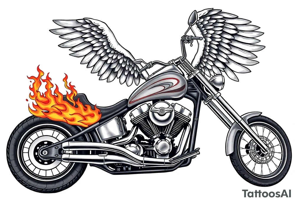 Low rider grey motorcycle, big muffler pipes with flames, angel wings, driving away, no person tattoo idea