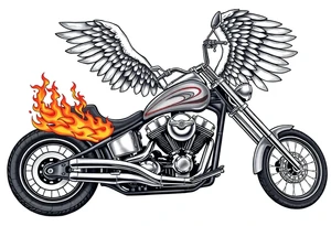 Low rider grey motorcycle, big muffler pipes with flames, angel wings, driving away, no person tattoo idea