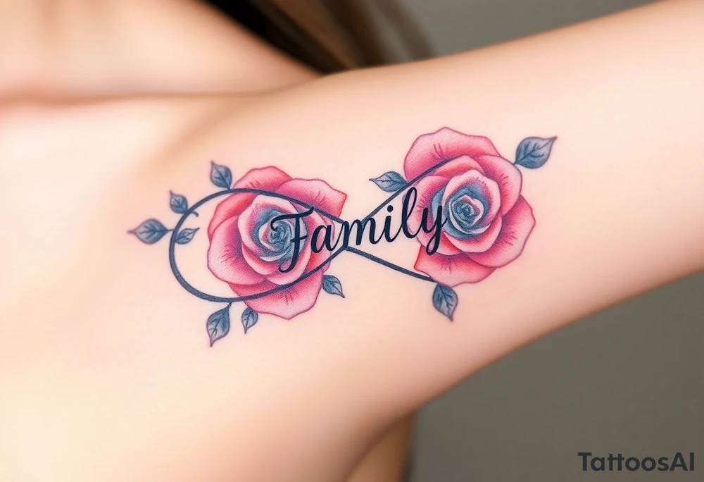 A infinity symbol made of delicate roses, with the word "family" carved into the petals tattoo idea