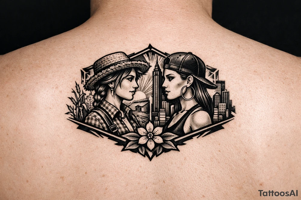 Black Country Mas presenting Girl from farmlands of North Florida to Black Mas presenting City girl of Metro Atlanta tattoo idea