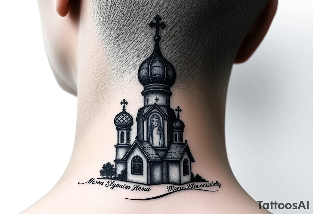 rusian orthodox domes church with a virgin mary in a russian rural village with Church Slavonic script or Cyrillic text — a prayer or meaningful phrase running along the sides tattoo idea