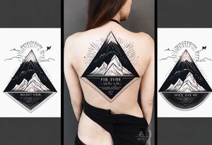 A simple tattoo with mountains and sun in fine line triangles with quote Memento Vivere written on tattoo tattoo idea