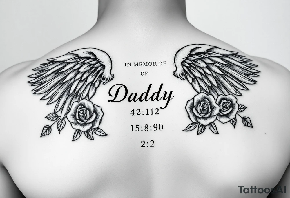 In memory of daddy angel wings and roses with dates 
For rib tattoo tattoo idea