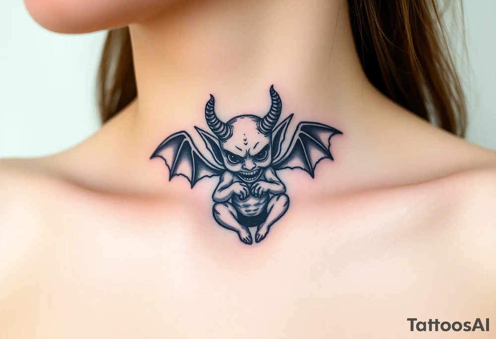Misfit tiny goblin with wings and twisted horns tattoo idea