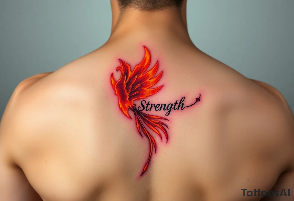 A golden phoenix feather with a fiery red glow, featuring the word "Strength", symbolizing resilience and passion in love tattoo idea