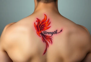 A golden phoenix feather with a fiery red glow, featuring the word "Strength", symbolizing resilience and passion in love tattoo idea