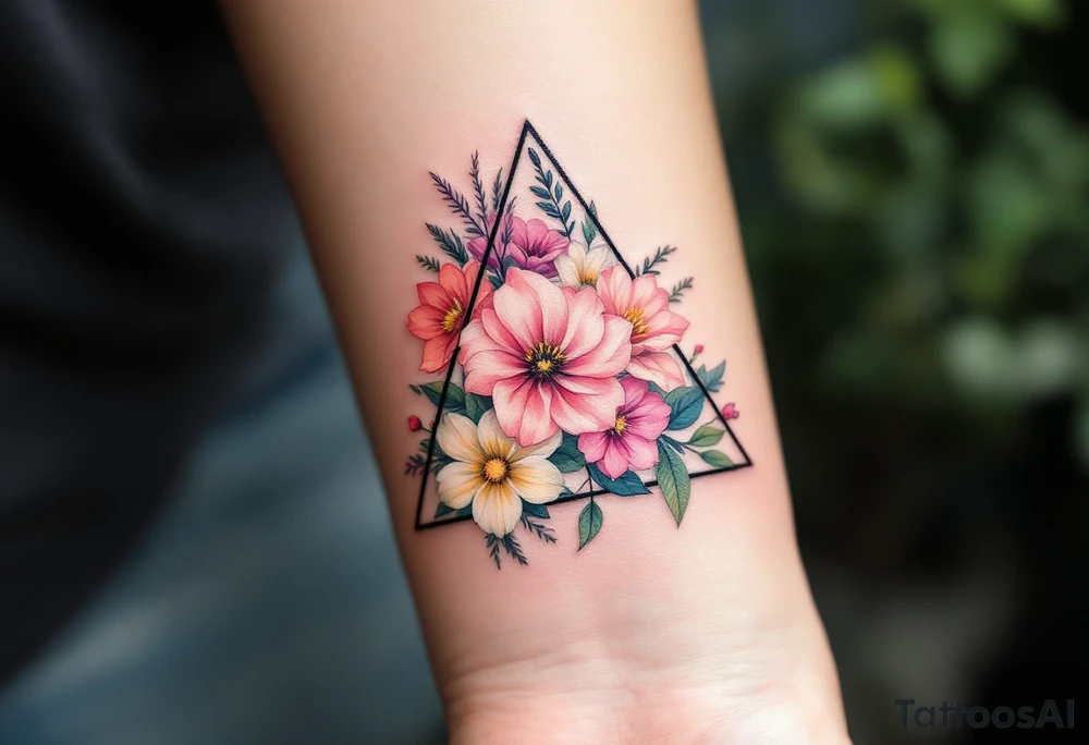 A triangle tattoo filled with flowers in pastel tones, blending geometry and femininity. tattoo idea