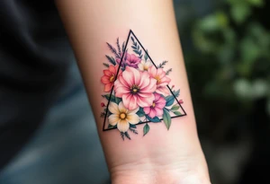 A triangle tattoo filled with flowers in pastel tones, blending geometry and femininity. tattoo idea