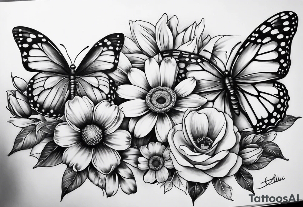 tattoo to represent that I have 3 children (girls). For inspiration I like flowers, the beach. Tattoo is for ribcage down side of body. I don't want images of women or girls in it. I want it pretty. To include daisy flowers and roses and buterfly tattoo idea