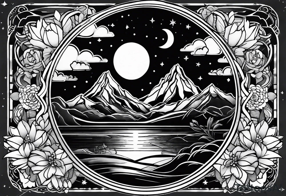 nature with mountains, waterfall, water, and a father and son in the background and and moon/sun in the sky with stars tattoo idea