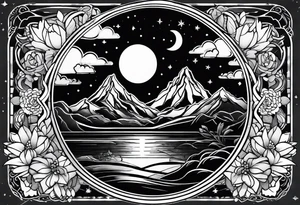 nature with mountains, waterfall, water, and a father and son in the background and and moon/sun in the sky with stars tattoo idea