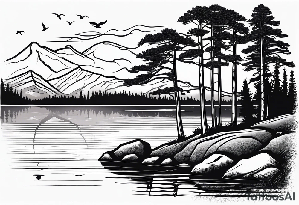 pebble beach on a lakefront with a lake surrounded by tall trees and a mountain backdrop. Has reflections across the lakewater tattoo idea