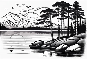 pebble beach on a lakefront with a lake surrounded by tall trees and a mountain backdrop. Has reflections across the lakewater tattoo idea