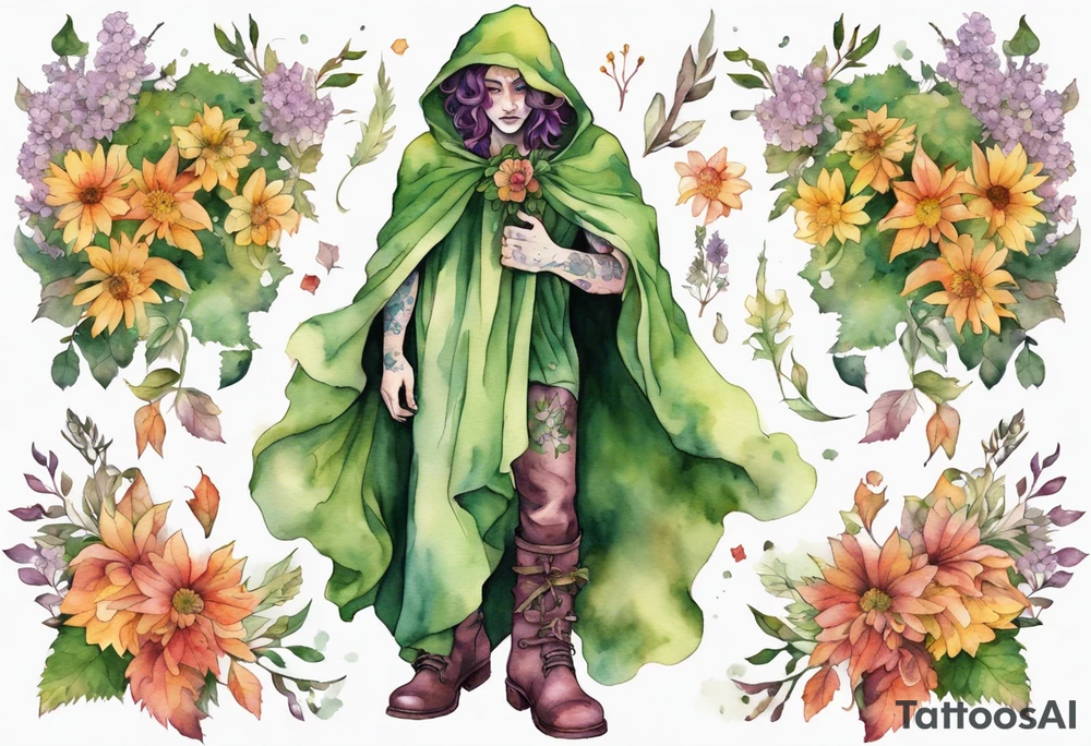 Dionysus covered in flowers and leaves wearing a cloak and mossy boots tattoo idea