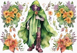 Dionysus covered in flowers and leaves wearing a cloak and mossy boots tattoo idea