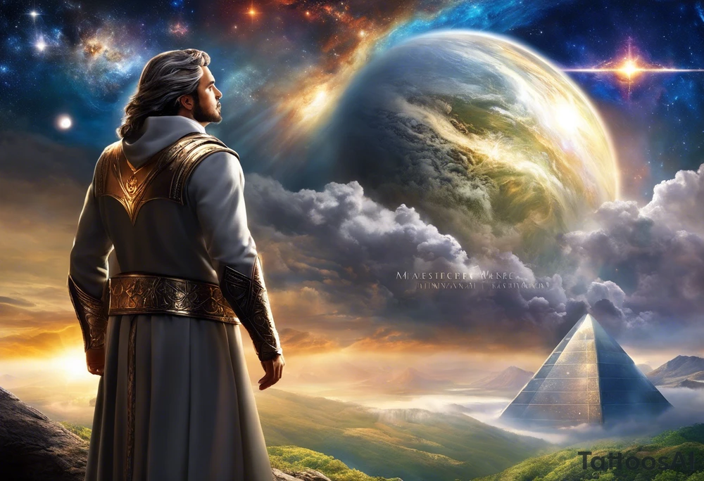 Jehovah looking out at the marvels of his creation from the atoms to the galaxy and celestial beings. With grey wash and a fantasy theme. Jehovah has to be a character who is so majestic, charismatic, immensely powerful. There isnt a single thing he isnt capable of doing. Infinitely powerful forward facing. Without the pagan styled attire and without the pagan symbols etcetera, shirtless, large muscular athletic physique, deep muscle definition tattoo idea
